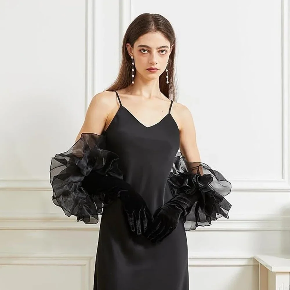 Women's Elegant Evening Black Opera Velvet Ruffled Long Puff Sleeve Gloves